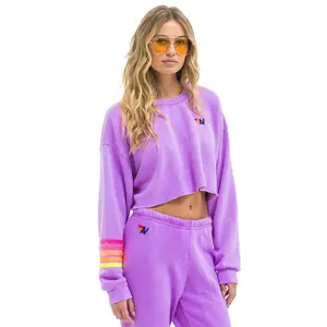 RUGBY STITCH CROPPED CREW SWEATSHIRT RELAXED - NEON PURPLE // NEON