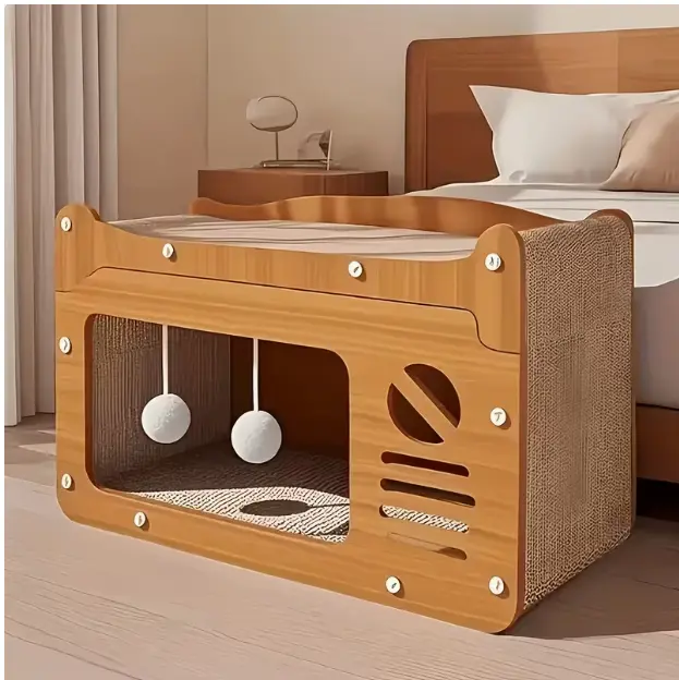 Wooden Cat Scratching Board Furniture - Multifunctional Cat Bed, Hideaway House, Play Toy for Kittens with Safe Scratching, Playing, Resting Features