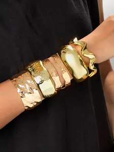 Women's Geometric Pattern Wide Band Bracelet Set, 5-Piece Stackable Layered Look Wave Open Bangles, Versatile Ladies Jewelry Collection