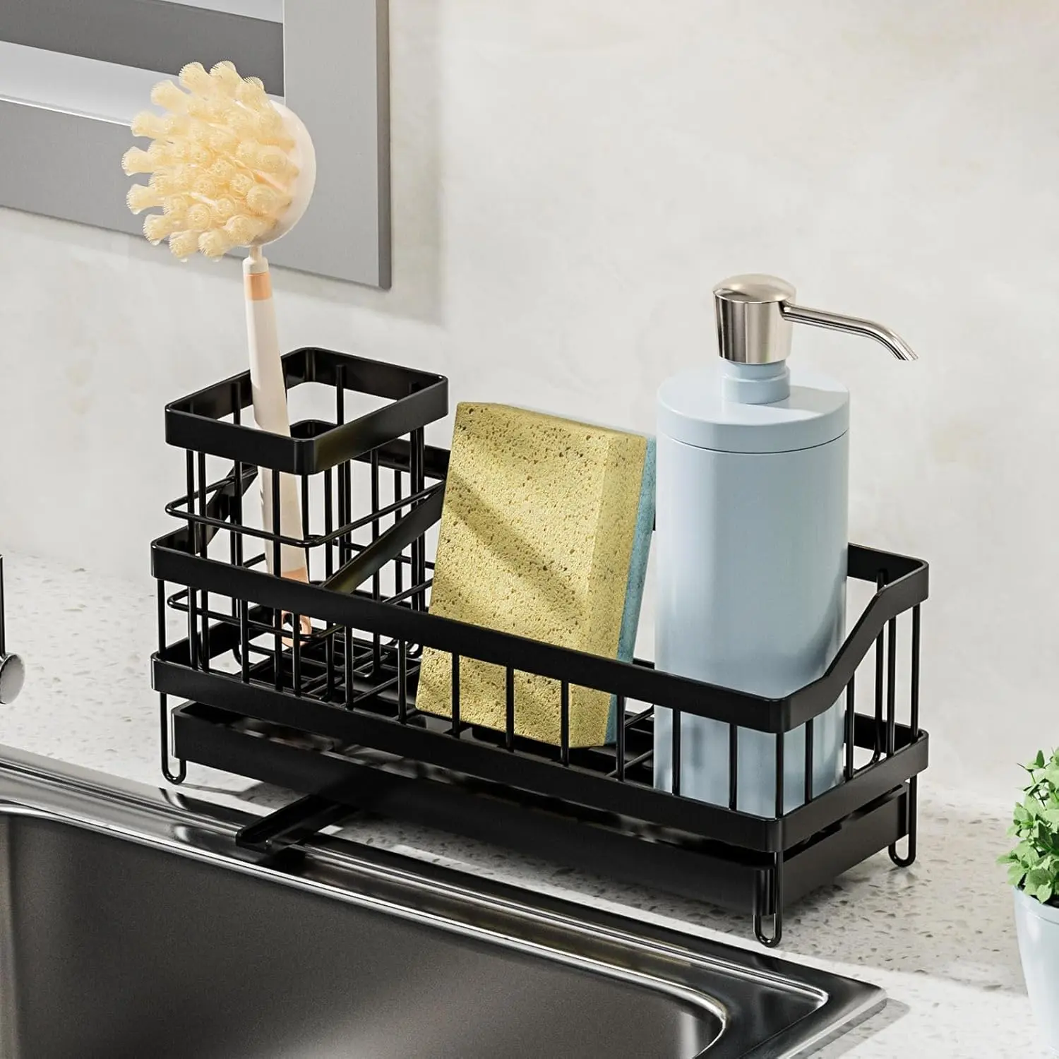 Sponge Holder for Kitchen Sink, Sink Caddy with Brush Holder, Soap Dispenser for Kitchen Organizers, Rustproof and Non-Slip, Suspension or Floor-Standing, Matte Black
