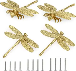 4 Brass Dragonfly Cabinet Knobs, Golden Tone Cupboard Door Knobs Decorative Dresser Drawer Handle Knobs for Dresser Drawer Cabinet Closet