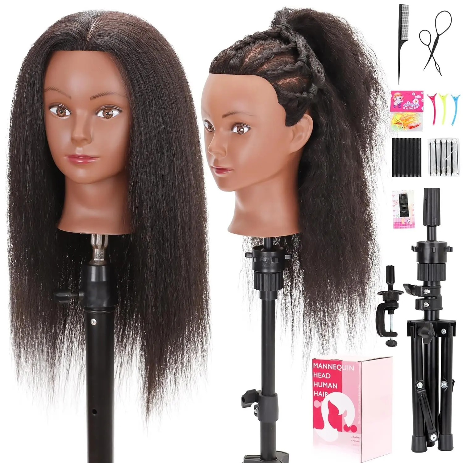 Mannequin  with  Human Hair, Manikin  Human Hair  Doll  for Hair Styling Hairdresser Practice Braiding with Table Clamp Stand and Tools (16 inch + tripod)