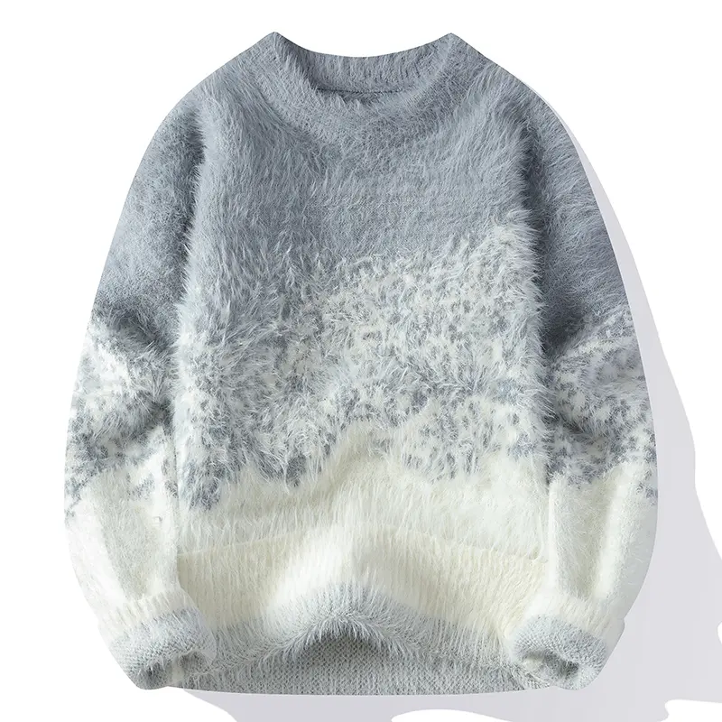 Men's Crew Neck Fuzzy Knit Sweater Gradient Splicing Leopard Pattern Ribbed Cuff And Hem Long Sleeve Pullover For Street Style Daily Dating Campus Leisure Autumn Winter Multiple Occasions