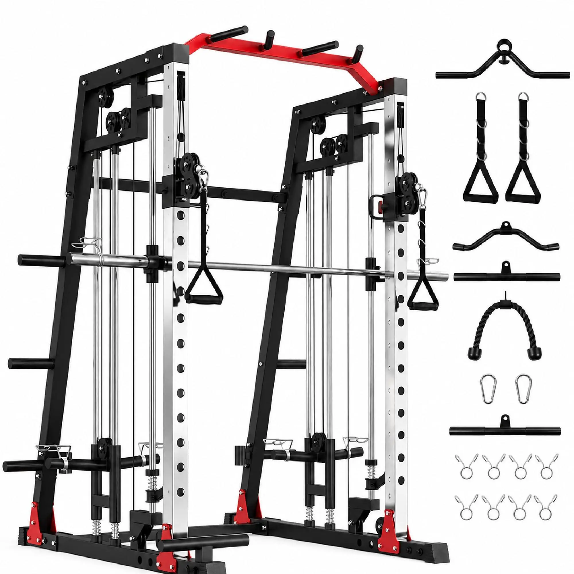 Smith Machine Home Functional Gym - 2200LB Metal Frame Power Cage, Dual Pulleys Cable Systems, LAT Pulldown, Leg Hold-Down Attachment for Home Strength Training