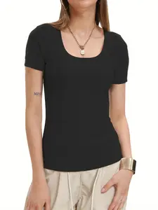 Women's Summer Scoop Neck Short Sleeve T-Shirts Ribbed Knit Slim Fitted Casual Basic Top - Super Soft & Breathable