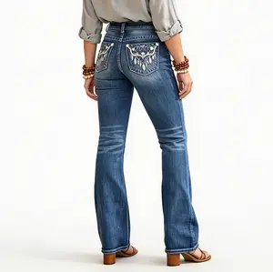 Women's Mid-Waist Tummy Control Flare Jeans, Women High Waist Floral Embroidery Back Pocket Bootcut Jeans Vintage Washed Stretch Western Cowgirl Flare Denim Pants
