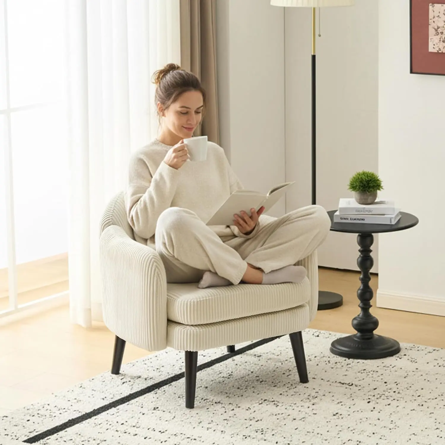 Karlhome 30.3 in Round Barrel Accent Chair - Modern Track Armrest, Comfy Corduroy Upholstered Club Chair, Solid Wood Legs, Single Home Sofa for Living Room, Bedroom, Requires Assembly, Beige