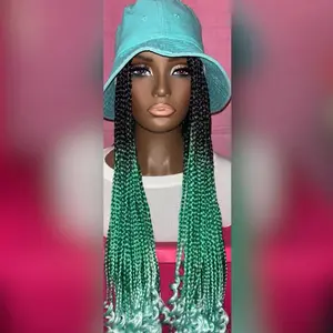 Women's Custom Made 24" Black-Green Box Braids with Curly Ends Wig Hat for Stylish Look