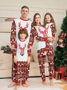 Christmas Family Pajama Set, Reindeer Head Top, Plaid Pants with Snowflakes, Soft Fabric, Casual Fit, Holiday Atmosphere