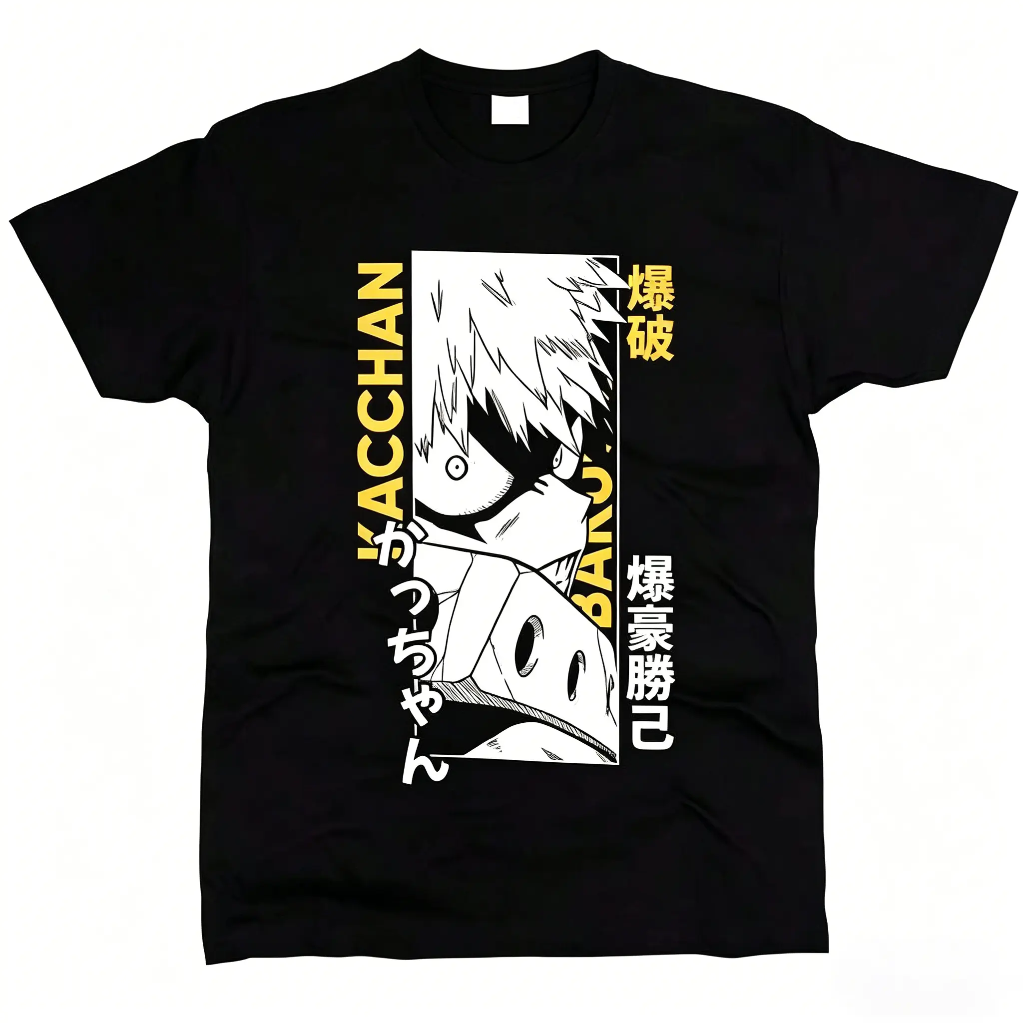 Oversized Cotton T-Shirt with My Hero Academia Bakugo Graphic Print, Unisex Retro Streetwear Round Neck Shortsleeve Top, Tee, Menswear, Stylish, Casual, Short Sleeve Tee, Anime Theme