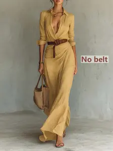 Elegant Casual Basic Solid Color Lapel Open Front Long Sleeve Dress, Women's Ruched Waist Maxi Dress for Spring Summer, Dating Commuting Vacation, Casual Wear, Casual Chic Dress, Womenswear