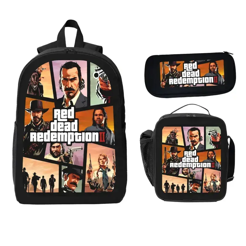 Red Dead Redemption 2 Theme 3-Piece Bundle - Student Backpack, Pencil Case, Lunch Bag for Gamers