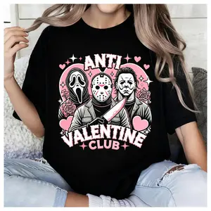 100% Cotton Unisex Anti Valentine Club Tee, Funny Horror Movie Character Graphic Valentine's T-Shirt, Valentine Friends Shirt, Single Girls Boys, Retro Skeleton Shirt for Valentine Gift