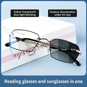 2-in-1 Photochromic Reading Glasses, Blue Light Filter & UV Block, Lightweight Semi-Rimless Readers for Indoor Work & Outdoor Activities, Anti Glare, Eye Protection for Seniors soft silicone nose pad