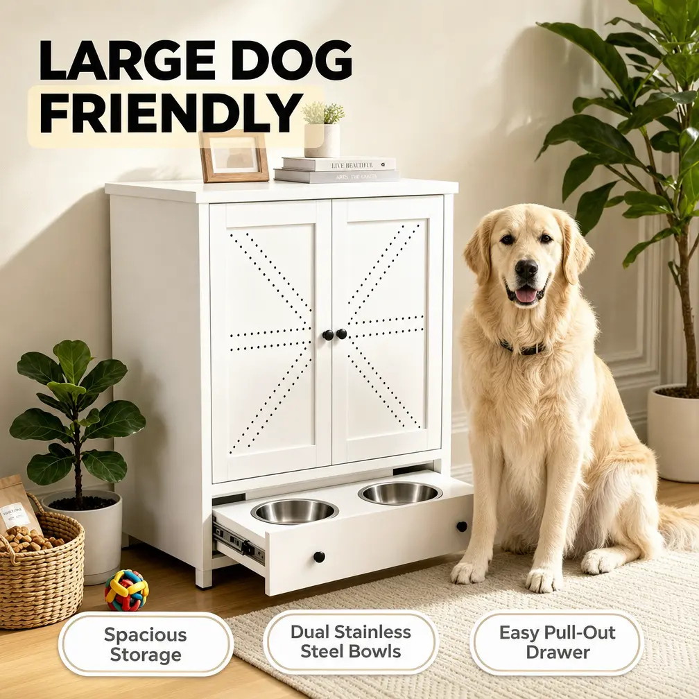 Metal Dog Feeding Station Cabinet with Storage, Elevated Dog Food Storage Cabinet with Pull Out Drawer and 2 Stainless Steel Bowls for Large Dogs, 31.5 x 26 x 13.8 Inches, White