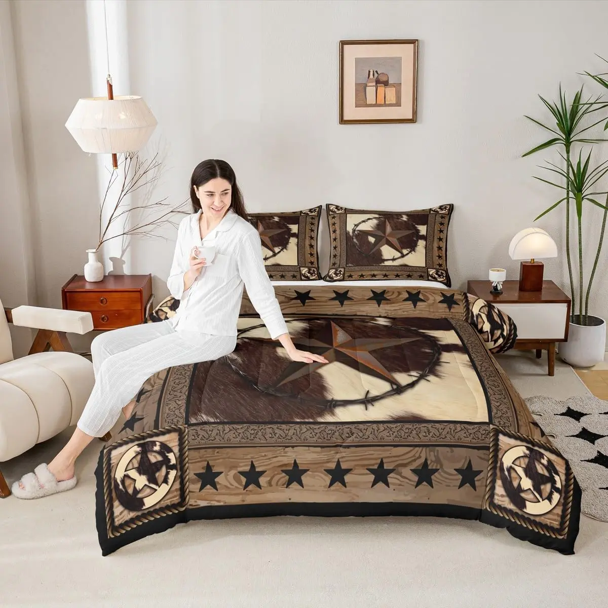 Feelyou Western Cow Fur Duvet Set - Multi-Size Abstract Geometric, Rustic Old Wooden Board Design, Machine Washable Modern Bed Comforter & Quilt Bedding Set for Kids