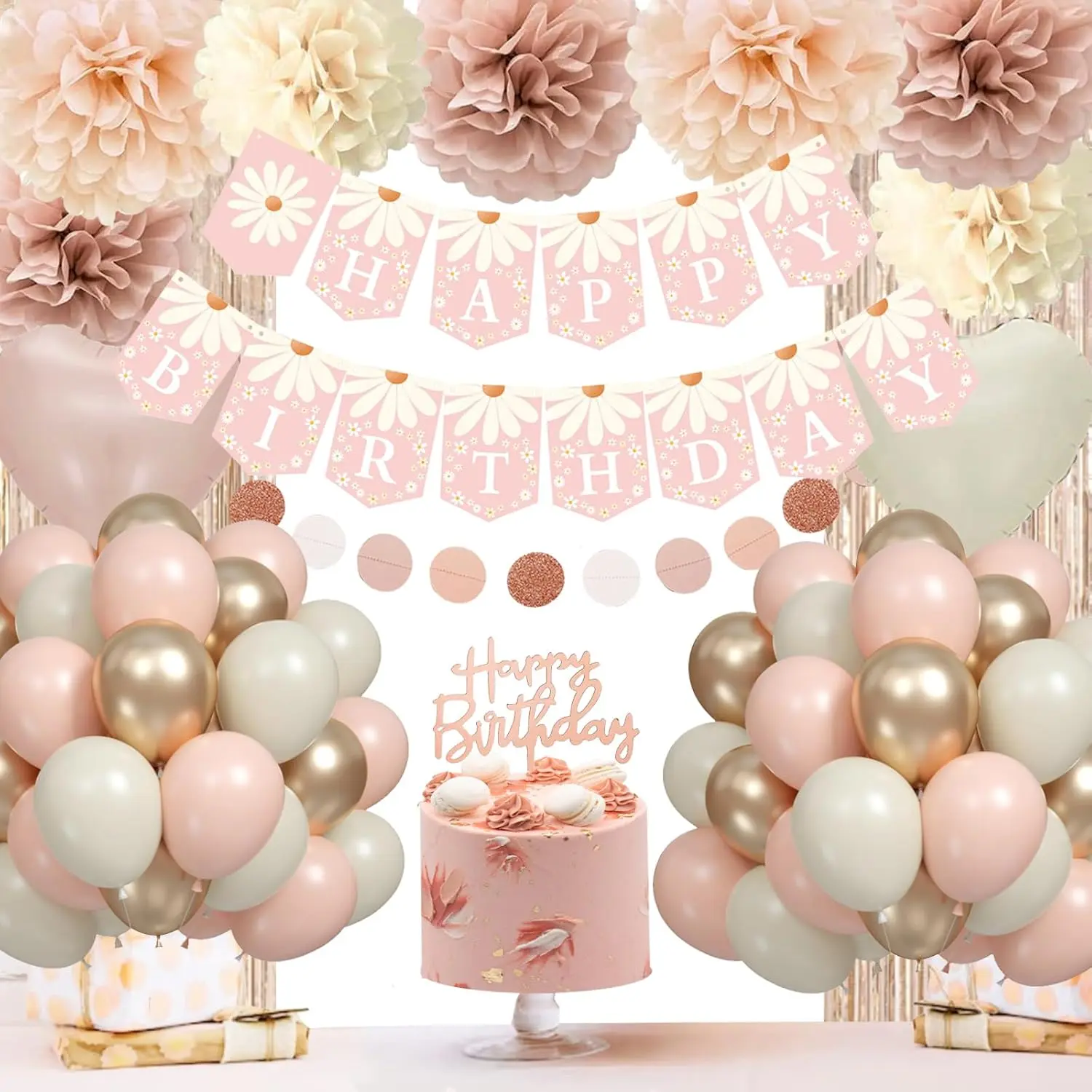 Blush and Beige Boho Floral Decor Set - Includes Daisy Banner, Champagne Fringe Backdrop, Party Supplies for Women's Boho-Themed Celebrations