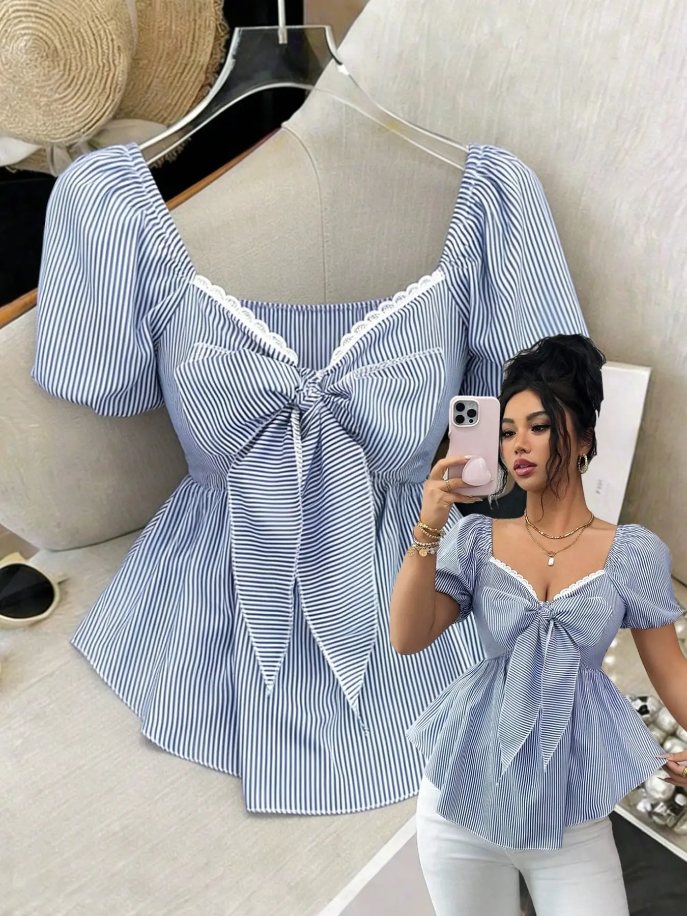 New French Style Blue Loose Striped Fashion Pure Desire Design Square Heart Neck Tie Waist Slimming A-Line Bubble Sleeve Shirt Blouse Top Womenswear