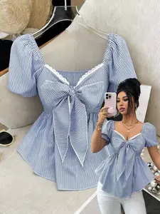 New French Style Blue Striped Fashion Pure Desire Design Square Heart Neck Tie Waist Slimming A-Line Bubble Sleeve Shirt Blouse