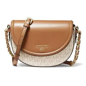 Michael Kors MK Jet Set Charm Monogram Chain Logo Crossbody Bag for Women in Vanilla White and Acorn Brown