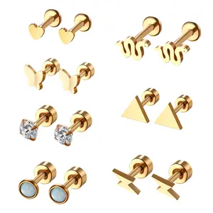 OIDEA 7 Pairs Flat Back Stud Earrings Set 316 Stainless Steel CZ Heart Snake Butterfly Lightning Cartilage Studs Gold