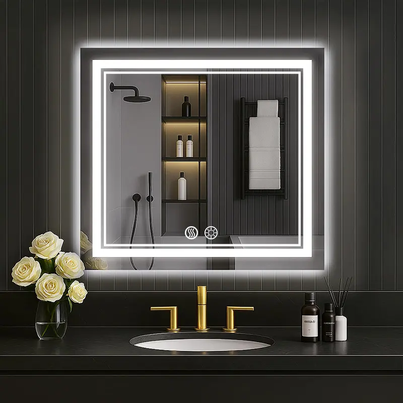 Square LED Bathroom Mirror With Lights, Anti-Fog, Dimmable Shower Mirrors, High Definition Makeup Mirrors, Wall-Mounted Vanity Mirrors, Memory Function, Tempered Glass,Shatter-Proof, US standard plug/Switch , Size 20*20inch, Bathroom Decor And Accessories