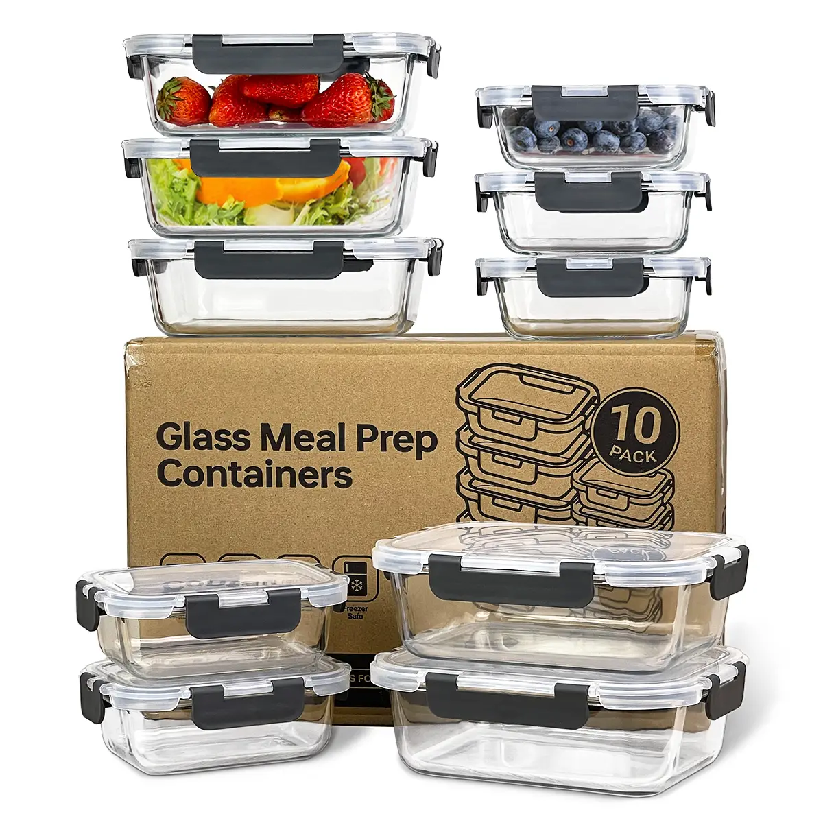Glass Food Storage Containers Set 10-Pack BPA-Free & Leak-Proof Lock Airtight Lids Salad Lunch Box Kitchenware Utensils Meal Prep,Microwave,Oven,Freez