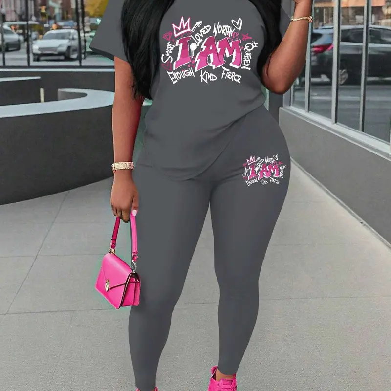 Letter print Women's Tee & Skinny Pants Two-Piece Set, Aesthetic Casual Fashion Cozy Round Neck Short Sleeve T-Shirt & Trousers for Daily Outdoor Wear, Ladies Summer Clothes