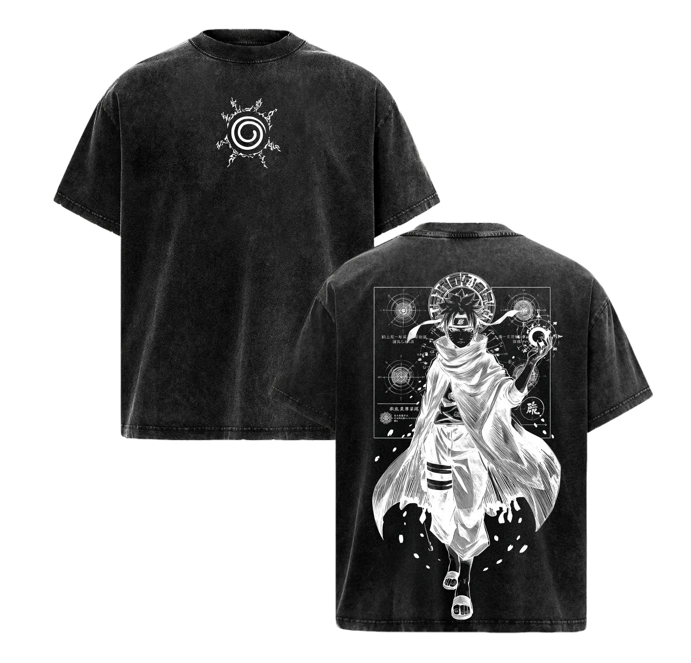 Men's Short-Sleeve Vintage Washed Heavyweight Cotton T-Shirt - Menswear Tops, Uchiha Madara Sasuke Kakashi Naruto Double-Printed Unisex Oversize Tee, Anime Fan Gift Naruto Merch
