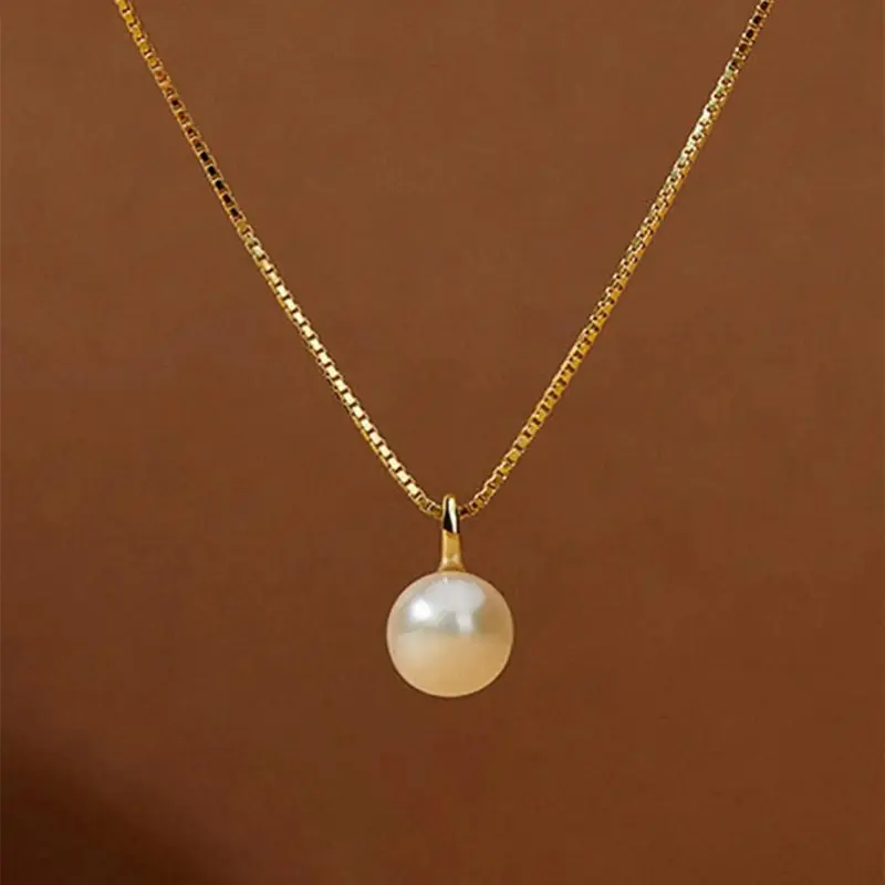 Women's Gold Iridescent Round Simulated Pearl Pendant with Necklace - Elegant Dainty Minimalist Clavicle Box/Venetian Chain Female Accessories for Adults, Daily/Formal Wear, Perfect Gift (Sports & Outdoor Camping Use)