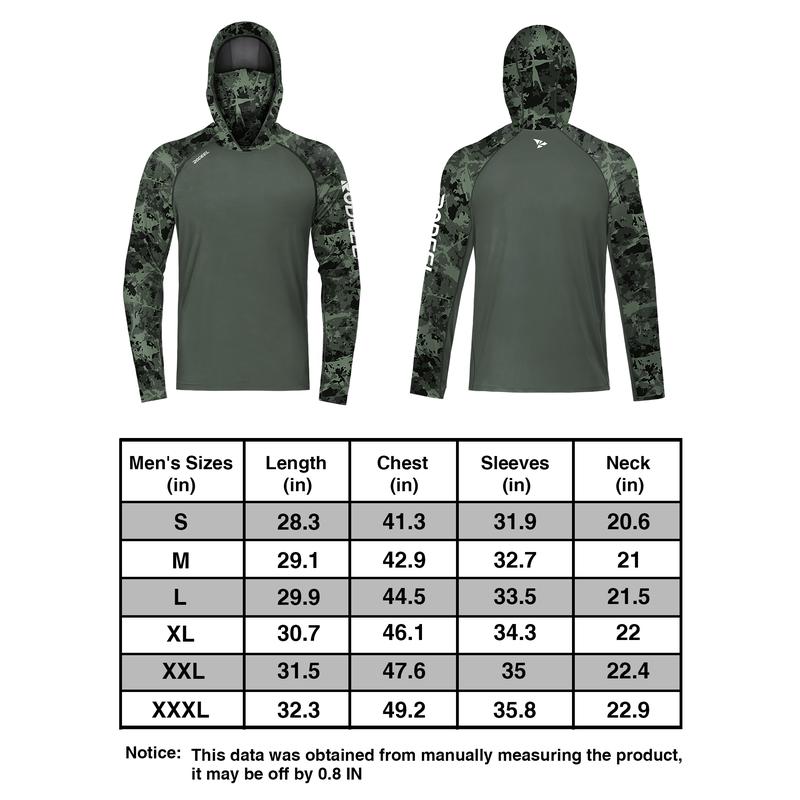 RODEEL 934 Sun Hoodie Shirt w/ UV Detection Mask Neck Gaiter Thumbhole Men UPF 100+ Sun Protection Raglan Long Sleeve Lightweight Quick Dry Moisture Wicking Breathable Cooling Athletic Activewear for Outdoor Hiking Fishing Construction Roofing Landscaping