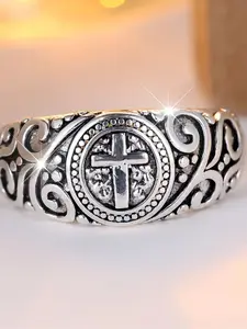 Male Female Classic Cross Vintage Flower Pattern Rings Fashion Ring Statement Ring For Women Old Man Silver Color Engagement Bands Wedding Jewelry Gift