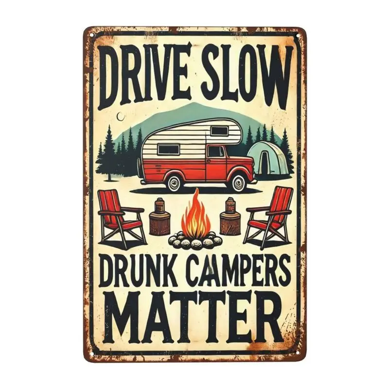 1pc Vintage Aluminum Wall Art Retro Camping Sign with Camper Van Campfire Design 8x12 Inch Outdoor Decor for Campgrounds Cabins RV Parks