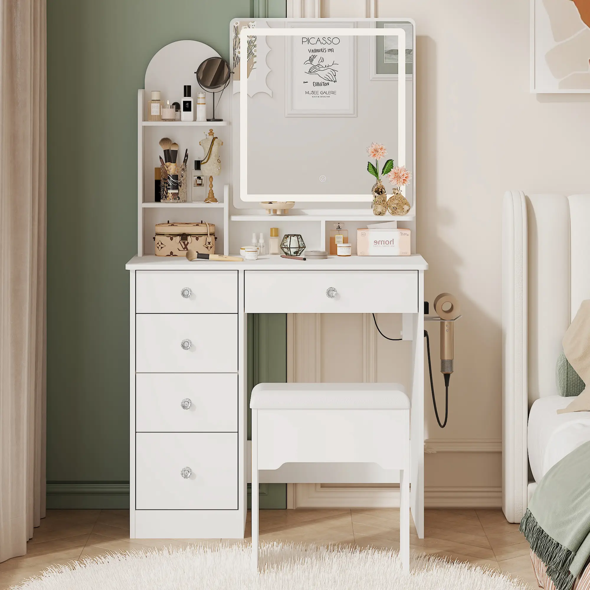 LIKIMIO Vanity Desk with Mirror & LED Light, Makeup Vanity Table with 5 Drawers, Power Outlet, and Vanity Stool, 3 Lighting Colors, Dressing Table for