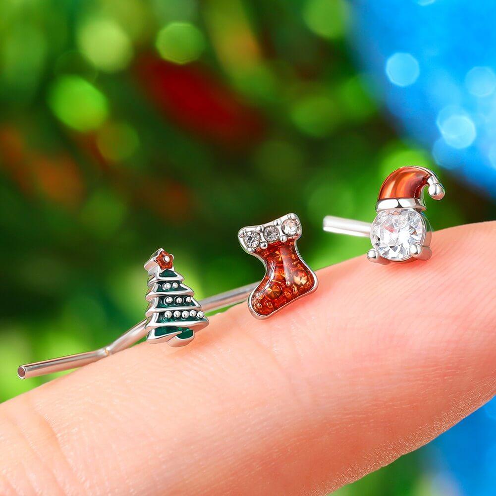 Oufer  Christmas3PCS 20G Christmas L-shaped Nose Piercing Ring Set with Santa Boots Tree Cubic Zirconia for Festive Holiday Wear