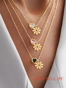 Women's Heart Flower Pendant Trendy Charms Necklace, Cute Stainless Steel Chain, Fashionable Sweet Design, All Seasons Jewelry