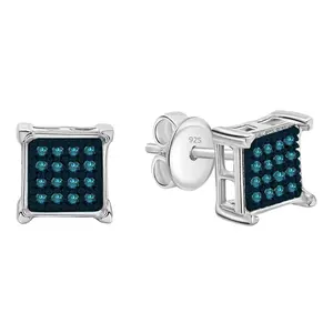 Dazzlingrock Collection 0.05 Cttw Round Blue Diamond Square Cluster Unisex Stud Earrings in 925 Sterling Silver in Push Back