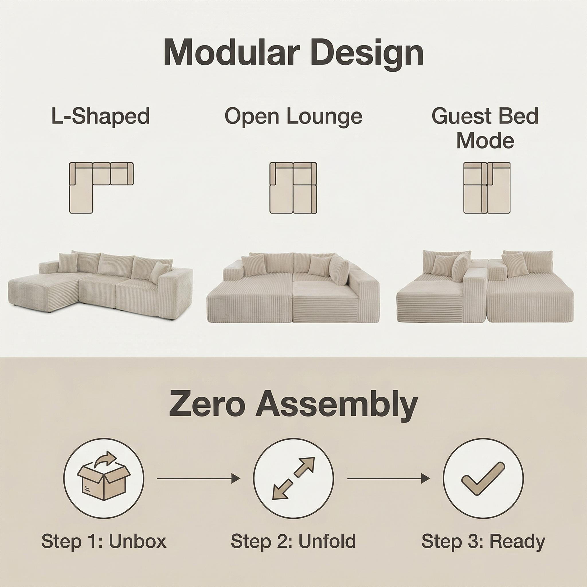 【Multiple Packages】110" Boneless Cloud Couch, 3-Piece Modular Sectional Sofa with Chaise, DIY L-Shaped Deep Seat Comfy Corduroy Couch for Living Room, Sag-Free High-Density Foam, Pet Friendly, No Assembly Required