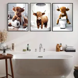 3pcs/Set Scottish Highland Cow Funny Bathroom Printed Canvas Poster, Unframed Art Print, Farm Animal Humor, Fantastical Highland Cow Enthusiast Gifts, Wall Canvas Art, Animal Art, Creative Modern Decoration, No Frames Include