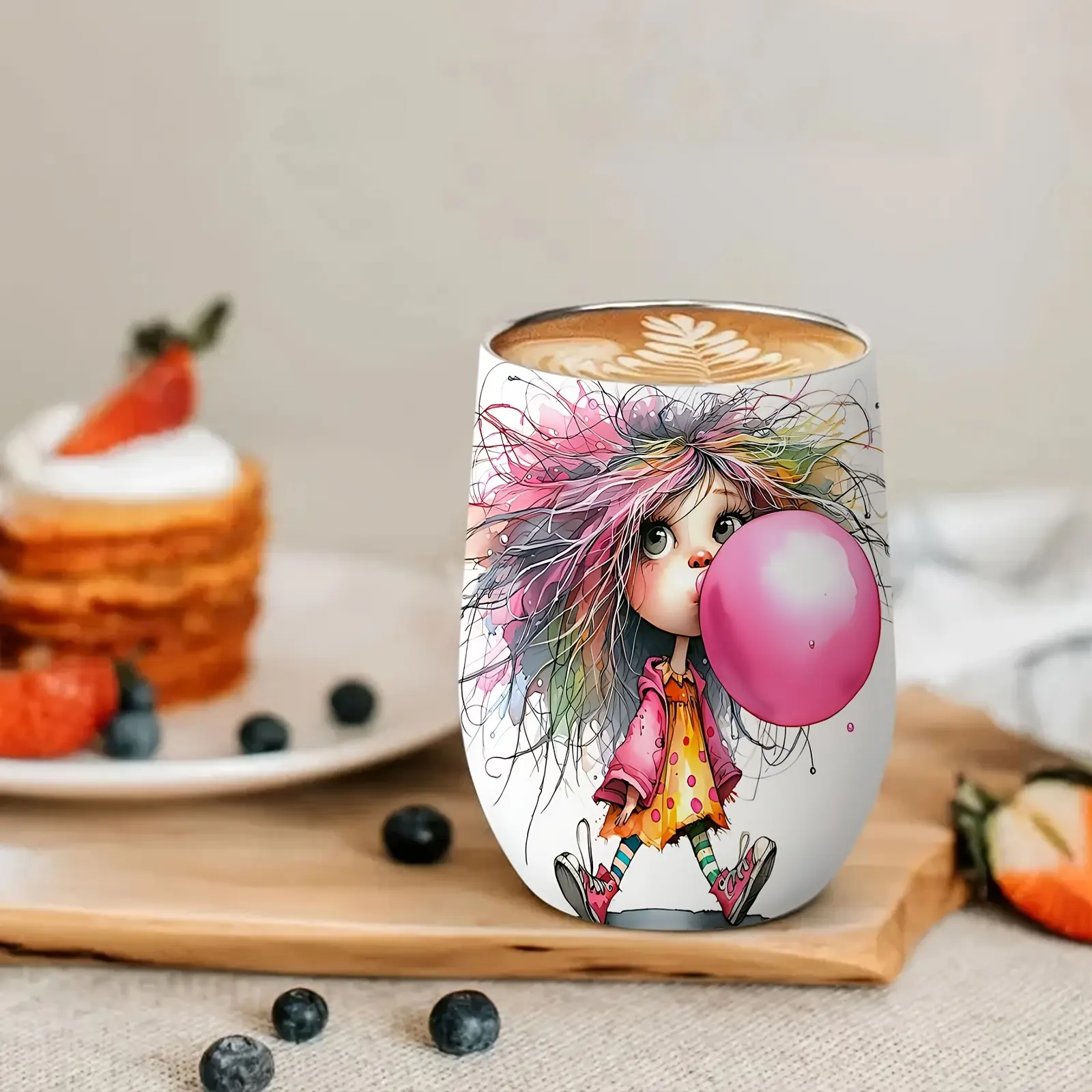 12oz Portable Reusable Eggshell Mug Tumbler - Playful Bubble Gum-Blowing Hair Girl Print, Aesthetic Unisex Design, Dustproof Washable Kitchenware Drinkware, Maintains Freshness for Cold Drinks & Coffee, Ideal All Ages Birthday Holiday Gift