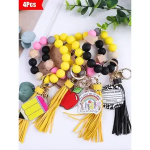 1/4 pcs-Vibrant School Style Beaded Keychain Set, Colorful Bracelet Design, Apple Ornament, Pencil Shape, Rainbow Decoration, Teacher Gift, Cool Keychains