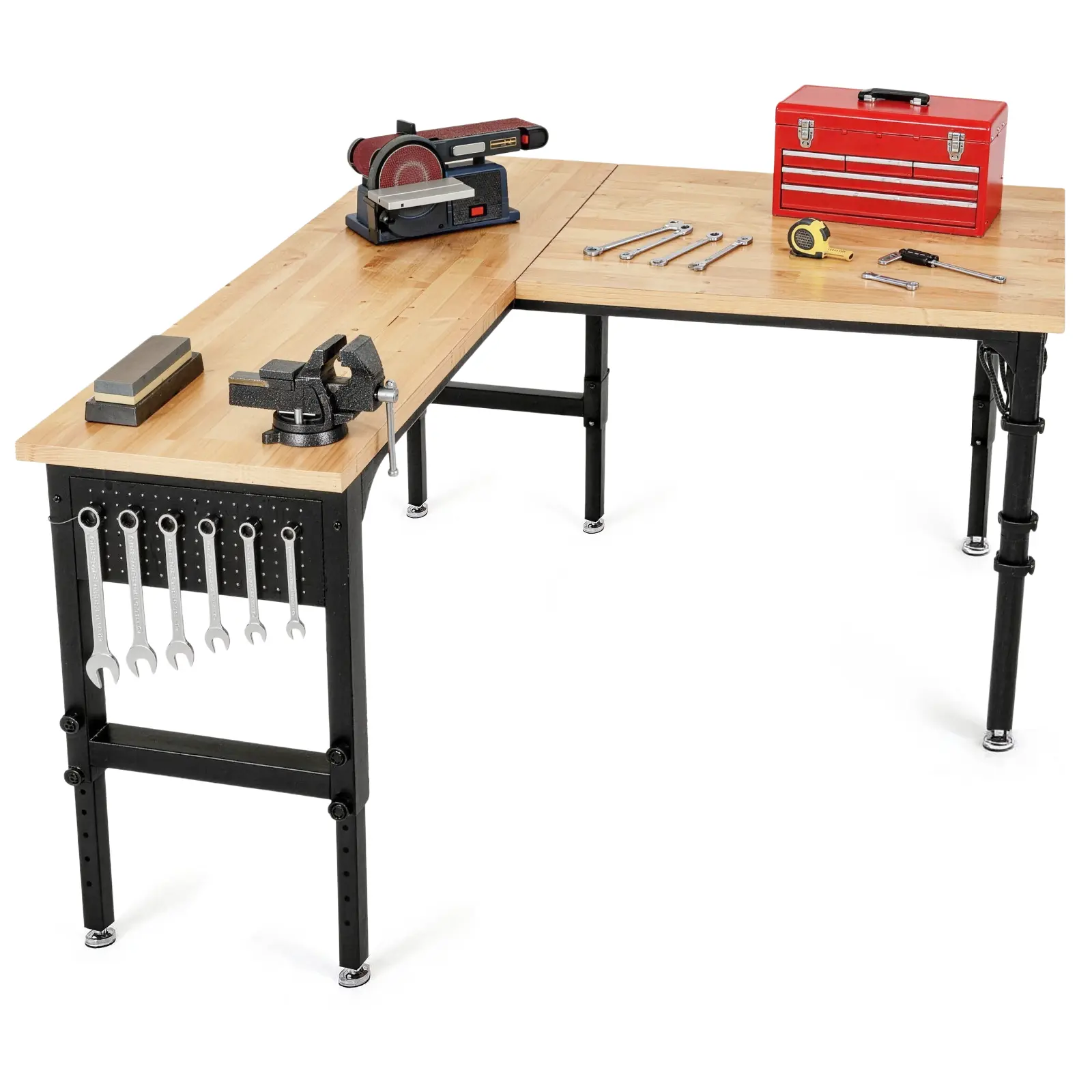 Sturdy Carbon Steel 70"x47" L-Shaped Heavy Duty Work Bench - 3300 LBS Load Capacity, Height-Adjustable via 360° Tool-Free Knob, with Power Outlet & Pegboard, Rubber Wood Top, for Garage, Commercial Space, Assembly Required