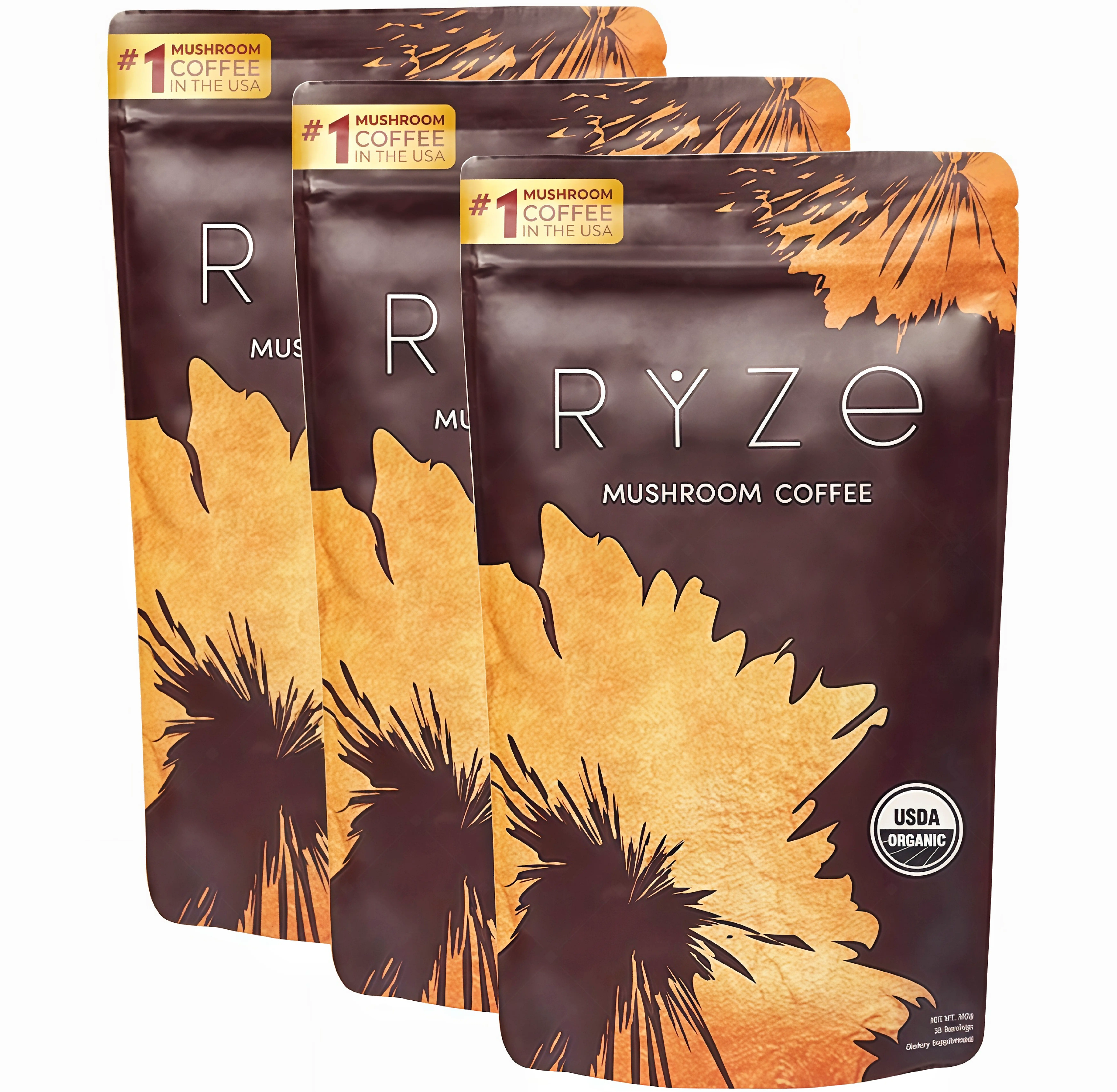 3 Botte RYZE Mushroom Coffee USDA Organic with 6 Adaptogenic Mushrooms and MCT Oil RF USA Grown Instant Coffee for Better Energy, Focus, Digestion, Immunity with Turkey Tail, Shitake, Lion's Mane, 30 Servings Vitamin