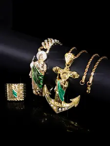 4-Piece Set Fashion Charm Enameled Saint Jude Pendant Bracelet & Ring, Zircon Inlay Design, Unisex for Daily Wear, Fashionable Jewelry Set