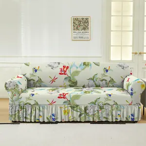 Floral Print Sofa Cover, 1 Count Sofa Slipcover with Ruffle Trim, Dustproof Soft Sofa Protector for Home Living Room, Sofa Protector for Home Living Room, Dustproof Couch Protector