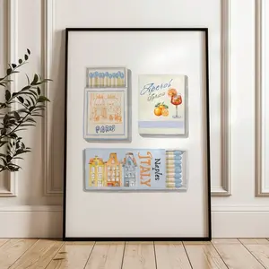 Matchbox Print, Vintage Matchbook Wall Art, Blue Aesthetic Print for Apartment, Bar Cart Art, Wall Print, Italy Matchbox Print, Bar Cart Art
