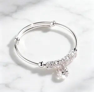 925 Silver Plated Adjustable Bell Charm Bangle, Lucky Rotating Bead Cuff Bracelet, Hypoallergenic Push-Pull Bangle for Women, Dainty Silver Bracelet, Romantic Gift for Her