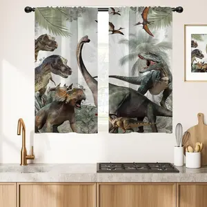 Dinosaur Kitchen Window Curtains Rod Pocket Small Short Cafe Jurassic Dino for Boys Kids Animals Nature Wild Forest Cute Drapes Room Drapes 2 Panels for Living Bedroom Home Decor 27.5X39 inch