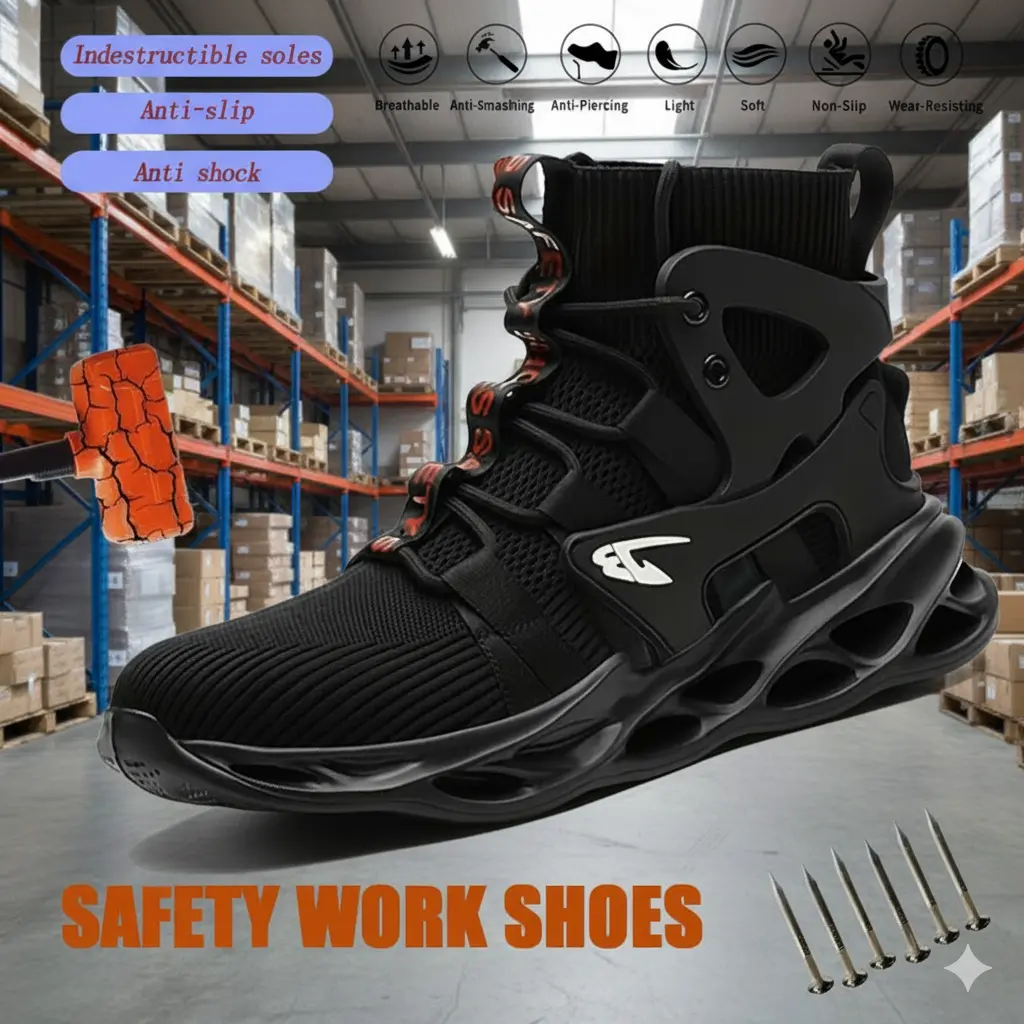Security Footwear for Men, High-Top Cuban Heel Fabric Boots with Laces, Anti-Smash & Anti-Puncture Steel-Cap, Protective Work Shoes, Round Toe, Boy, Plain, Synthetic, All Seasons, Polyester Fiber, Breathable, Cloth, Outdoor, Casual