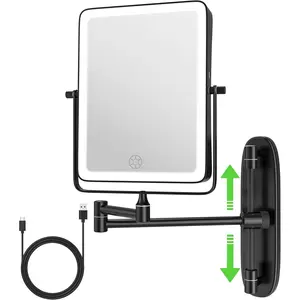 Wall Mounted Lighted Makeup Mirror, Rectangle Double Sided 1X/10X Magnifying Bathroom Height Adjustable Mirror, 6000mAh Rechargeable 3 Color and Dimmable Lights, 360 Rotation Shaving  Mirror